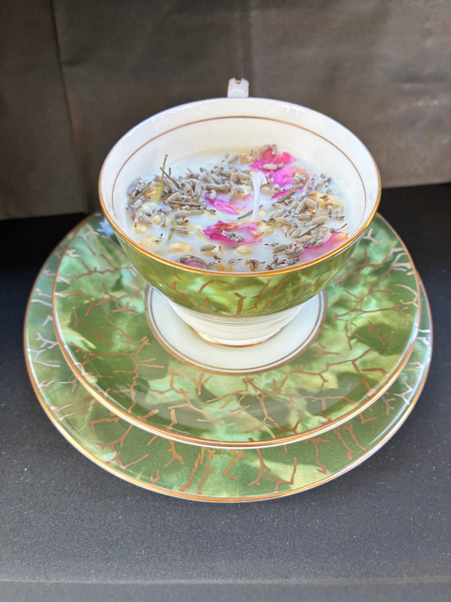 Handmade Vintage Teacup Set Candle scented with jasmine essential oils topped with dried botanicals, tailored to The Timeless Glow tone.