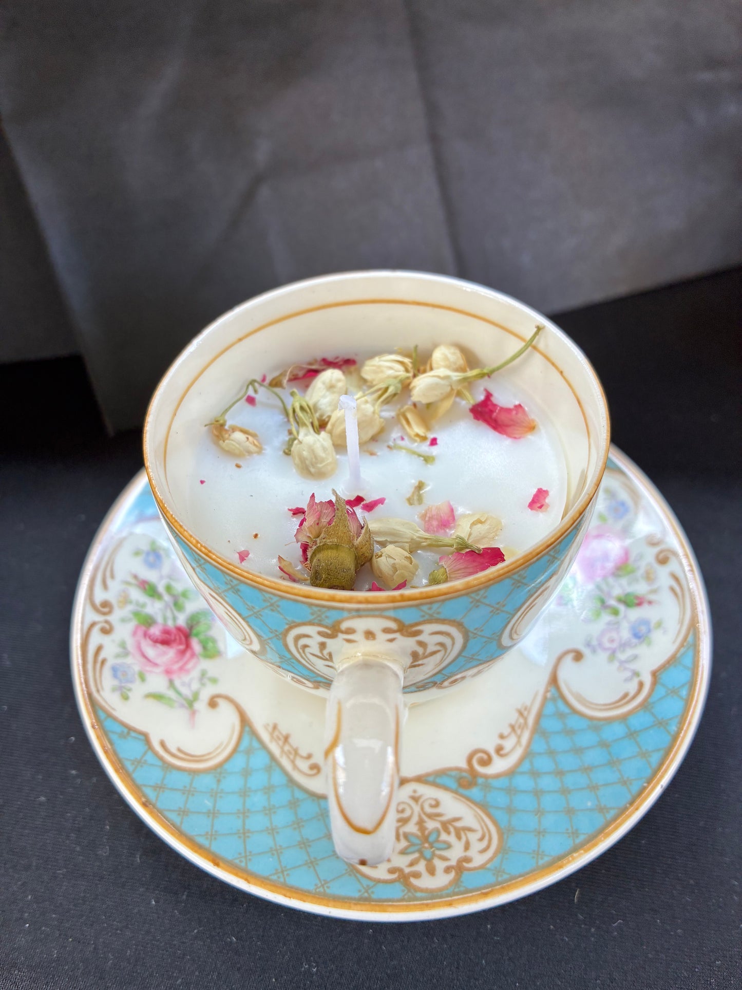 Handmade Vintage Teacup Candle infused with blue rose essential oils, tailored to The Timeless Glow tone.