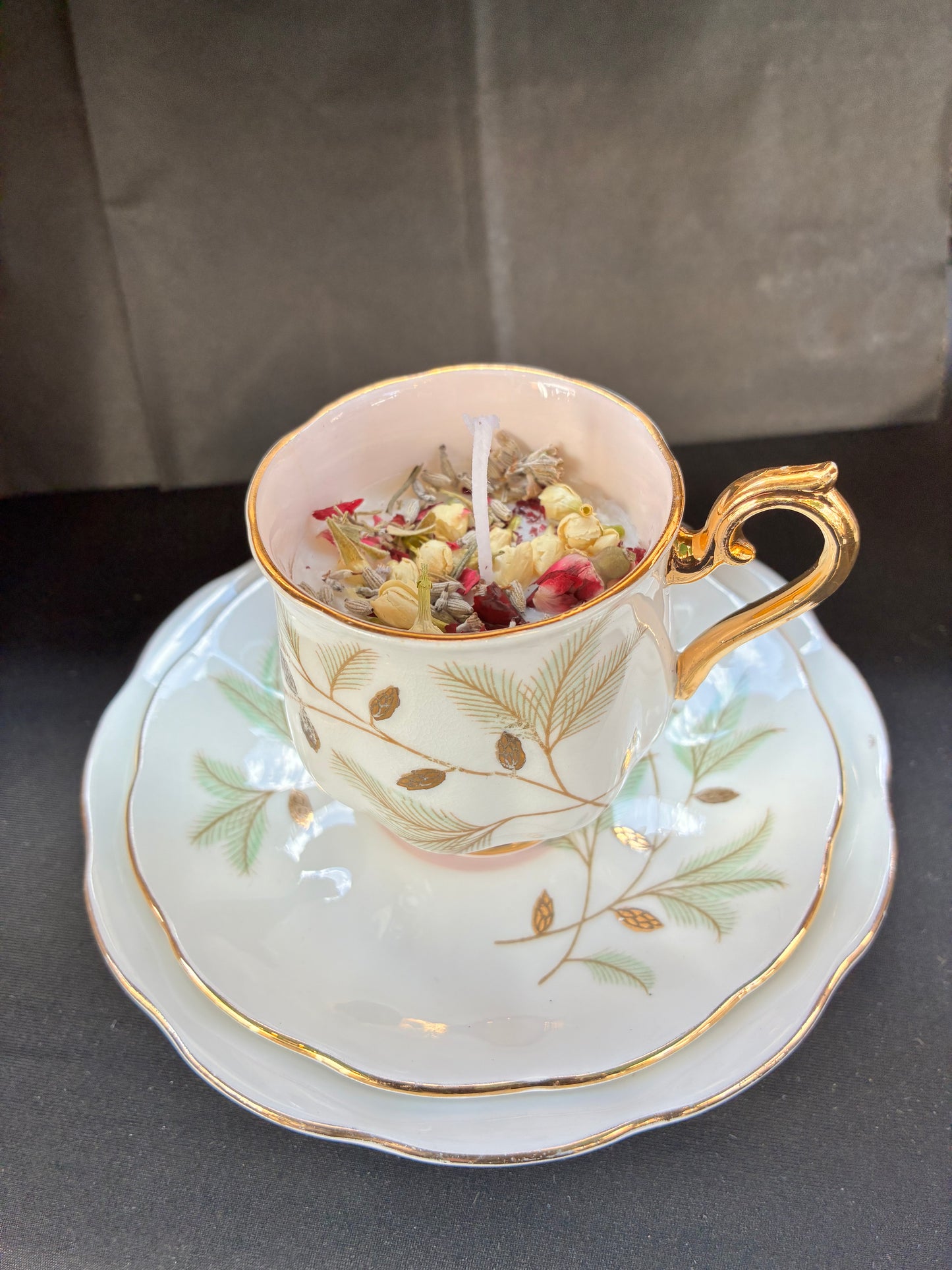Hand poured Vintage Teacup Set Candle scented with Jasmine essential oils and botanicals, tailored to The Timeless Glow tone.