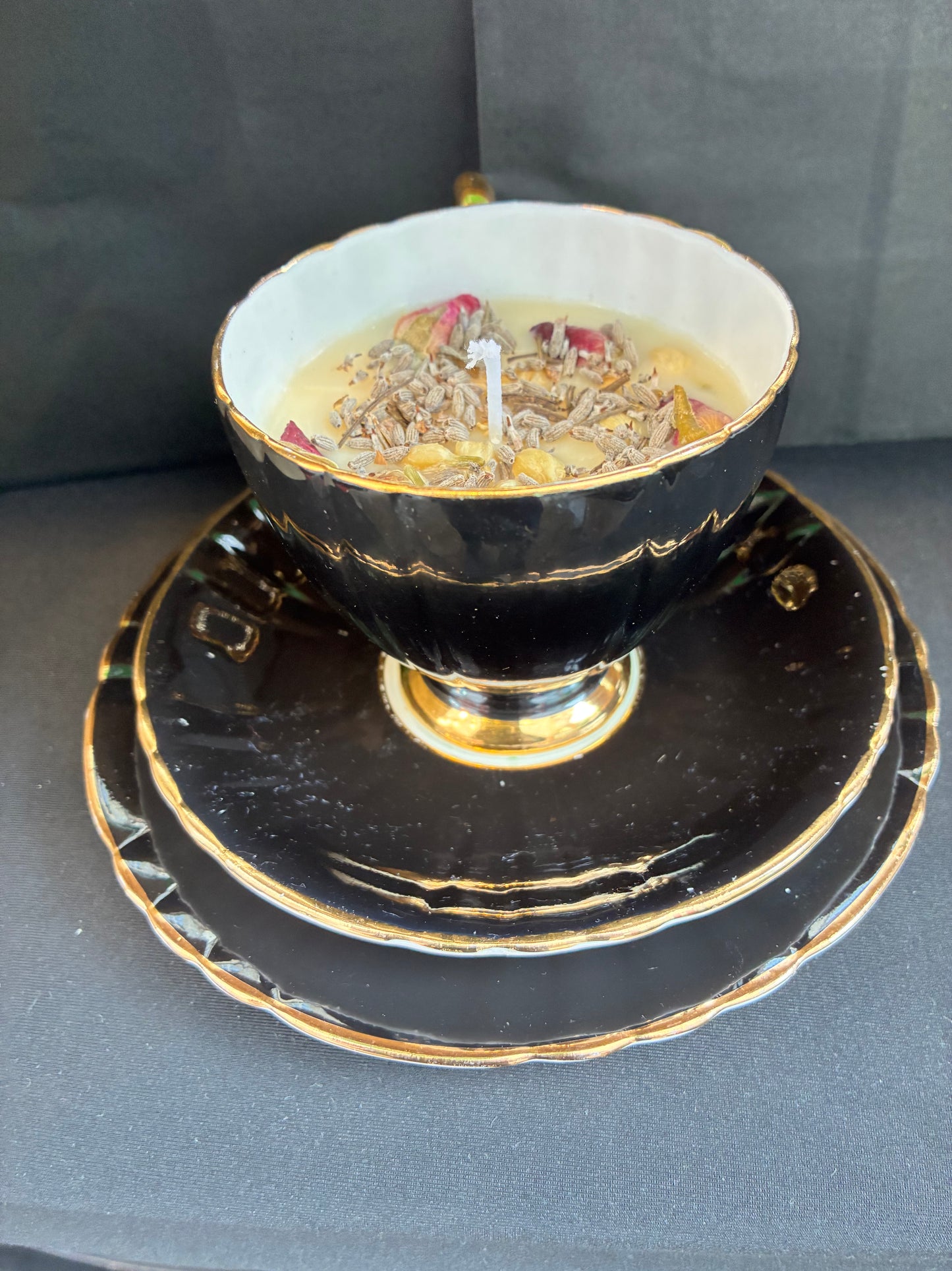 Handmade Vintage Teacup Candle infused with Jasmine scented oils topped with dried botanicals, tailored to The Timeless Glow tone