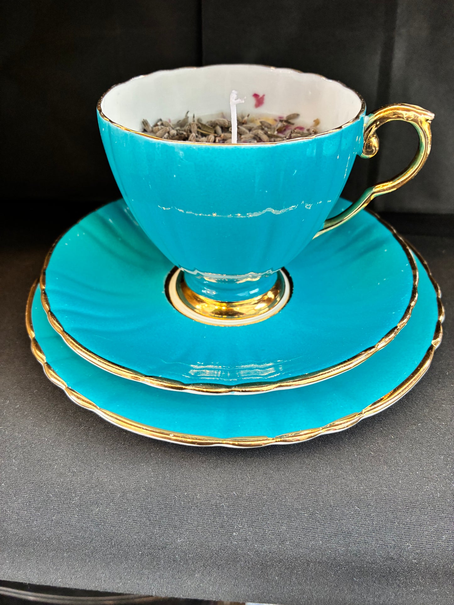 Hand poured Vintage Teacup Set Candle scented with blue rose essential oils, tailored to The Timeless Glow tone.