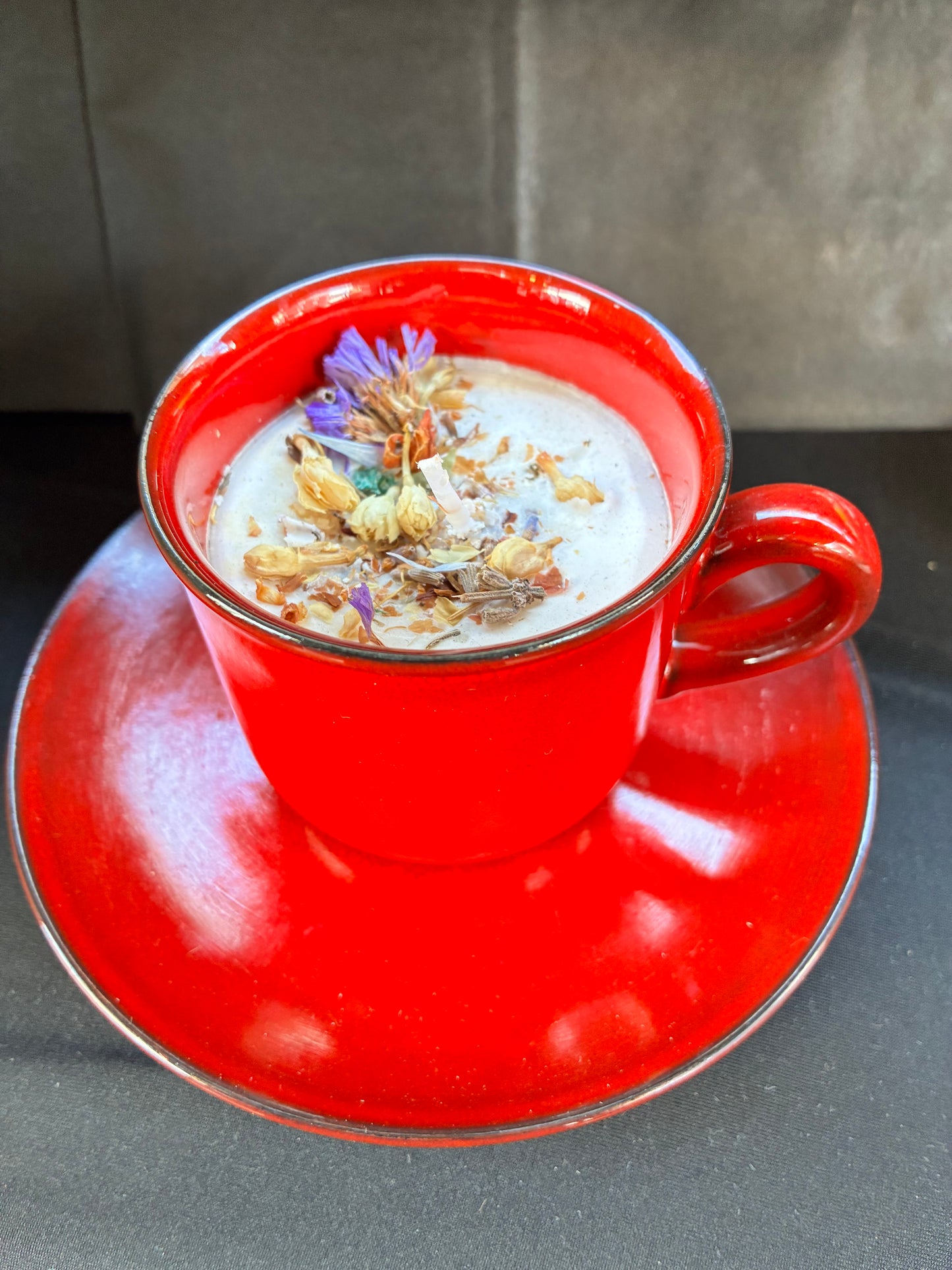 Handmade Vintage Teacup Candle scented with Red Velvet essential oils, topped with ￼botanicals, tailored to The Timeless Glow tone.