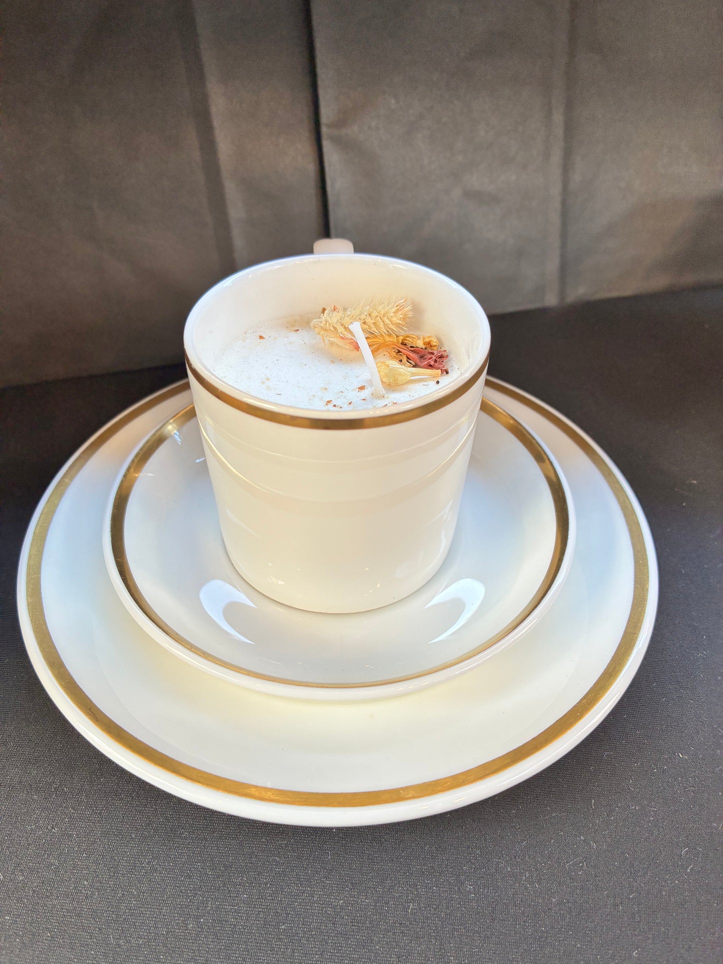 Vintage Teacup Set Candle scented with White Lily essential oils, tailored to The Timeless Glow tone.