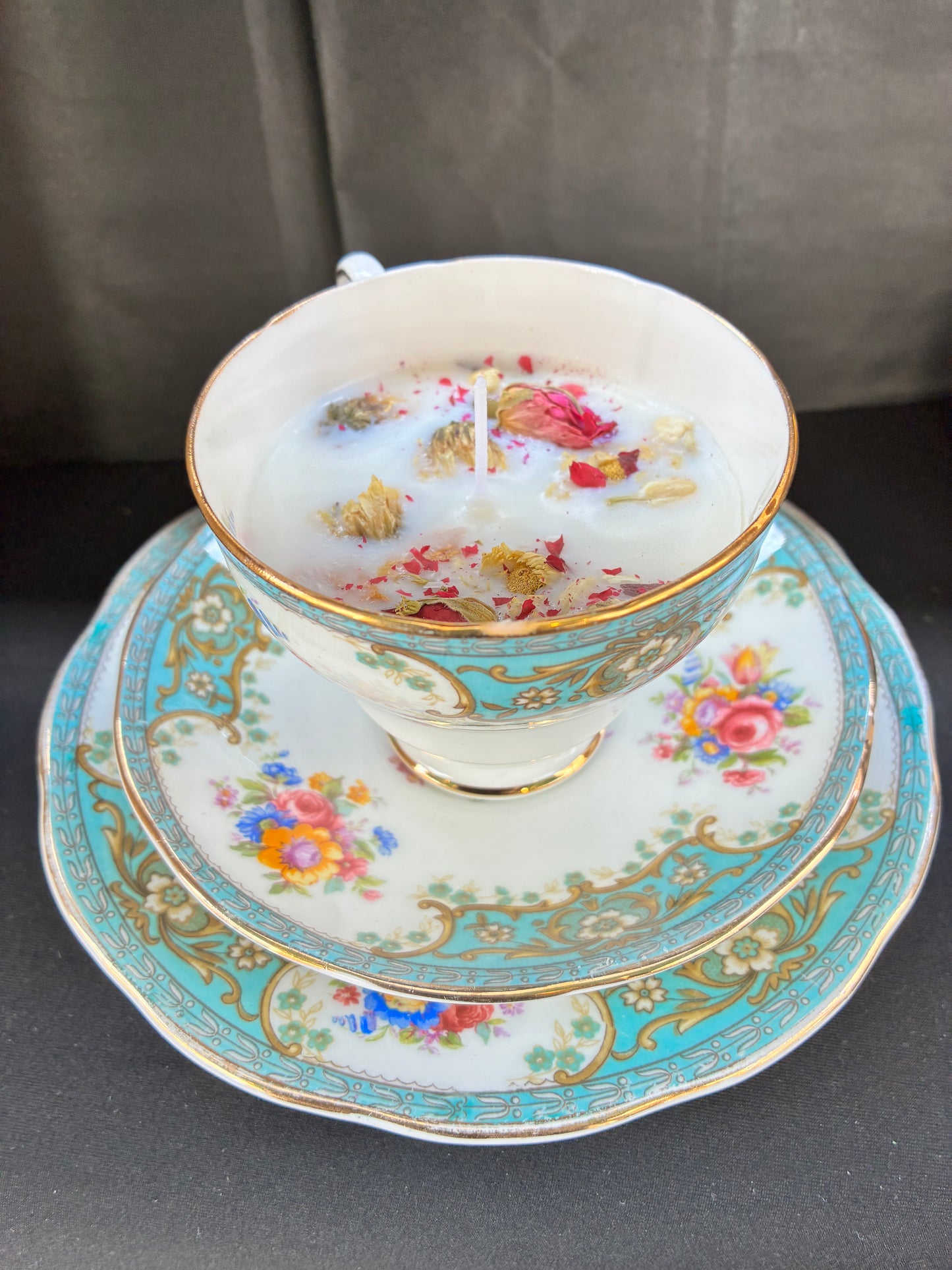 Handmade Vintage Teacup Set Candle scented with velvet rose essential oils topped with dried botanicals, tailored to The Timeless Glow tone.