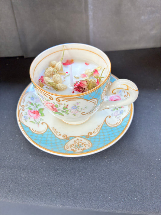 Handmade Vintage Teacup Candle infused with blue rose essential oils, tailored to The Timeless Glow tone.