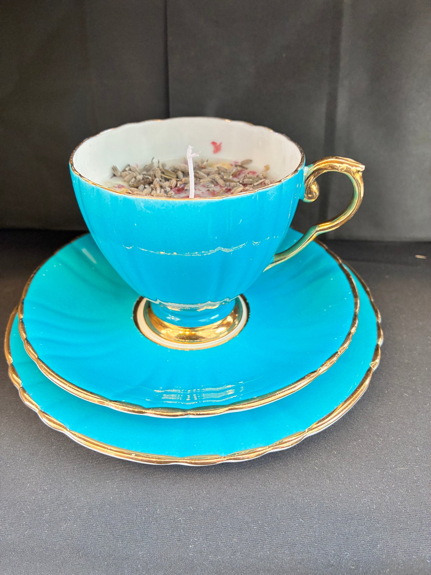 Hand poured Vintage Teacup Set Candle scented with blue rose essential oils, tailored to The Timeless Glow tone.