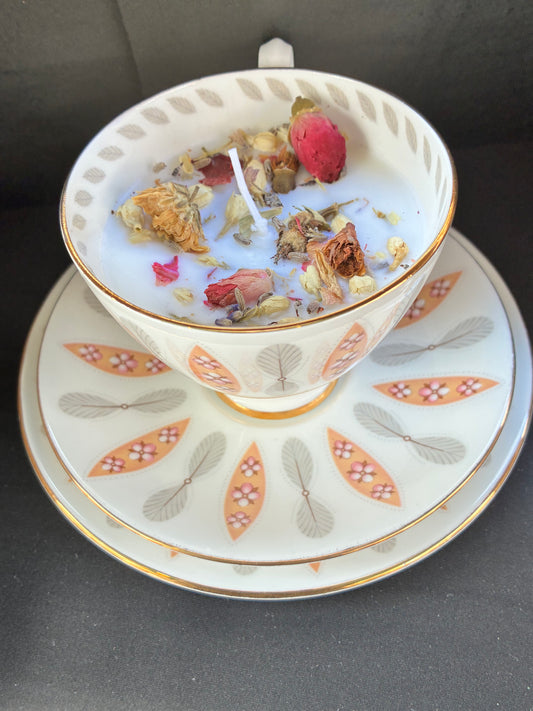 Handmade Vintage Teacup Set Candle scented with jasmine essential oils topped with dried botanicals, tailored to The Timeless Glow tone.