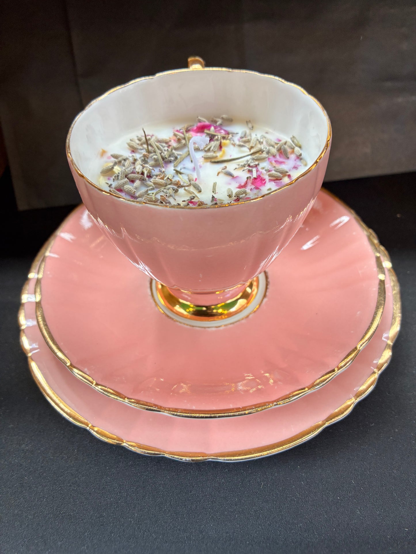 Handmade Vintage Teacup Set Candle scented with pink rose essential oils topped with botanicals tailored to The Timeless Glow tone.