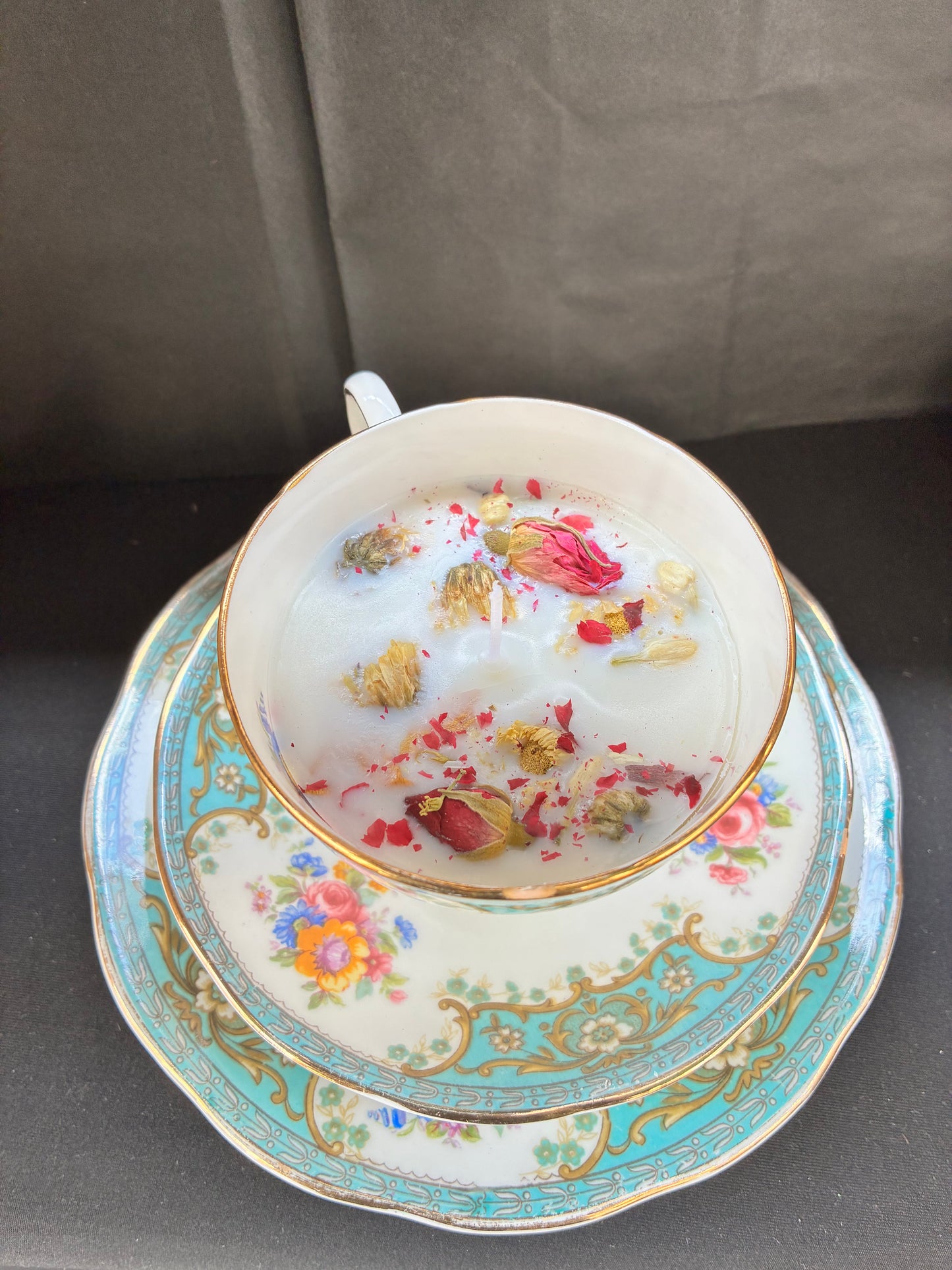 Handmade Vintage Teacup Set Candle scented with velvet rose essential oils topped with dried botanicals, tailored to The Timeless Glow tone.