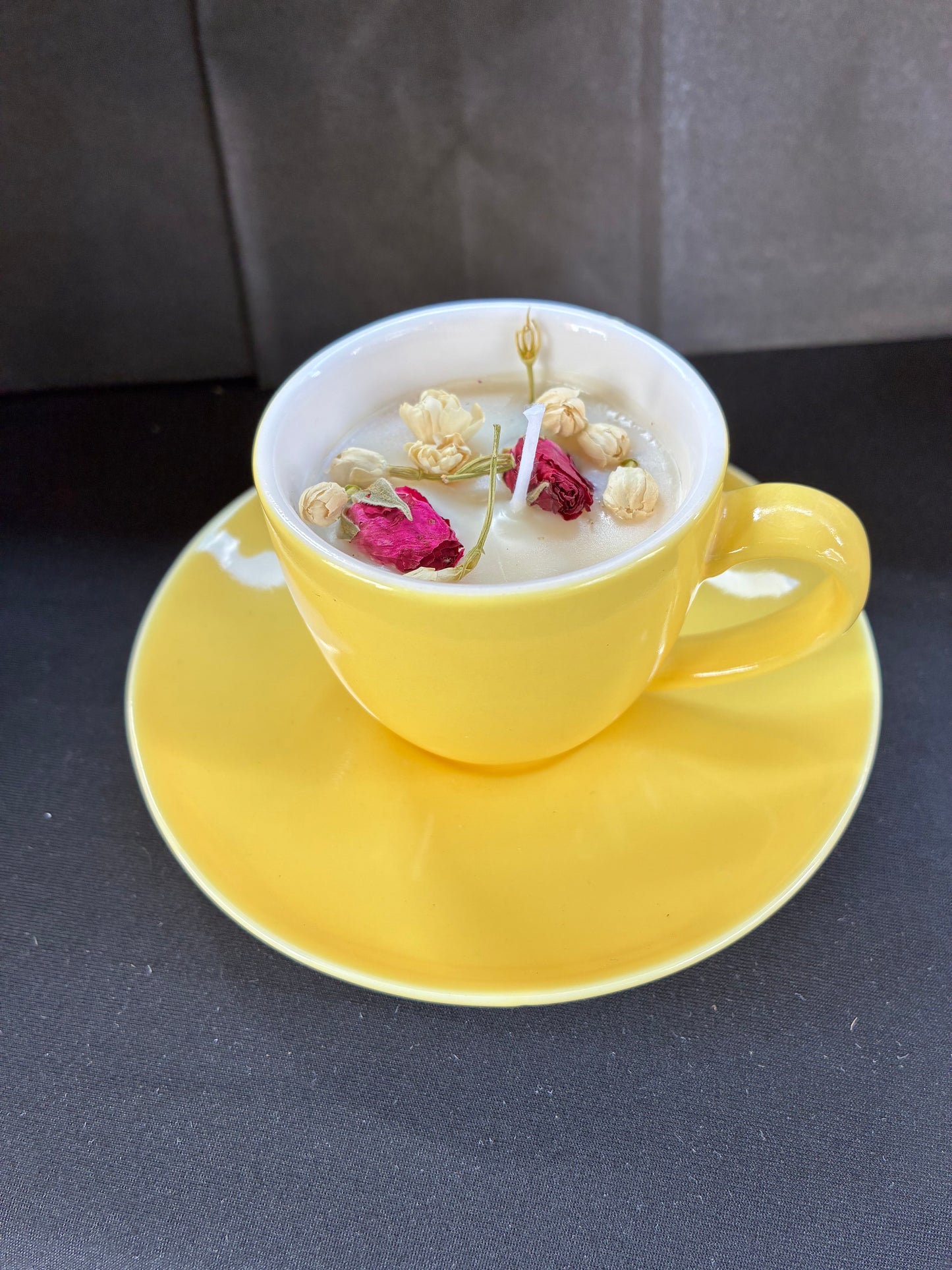 Handmade Vintage Teacup Candle infused with Satsuma essential oils, tailored to The Timeless Glow tone.