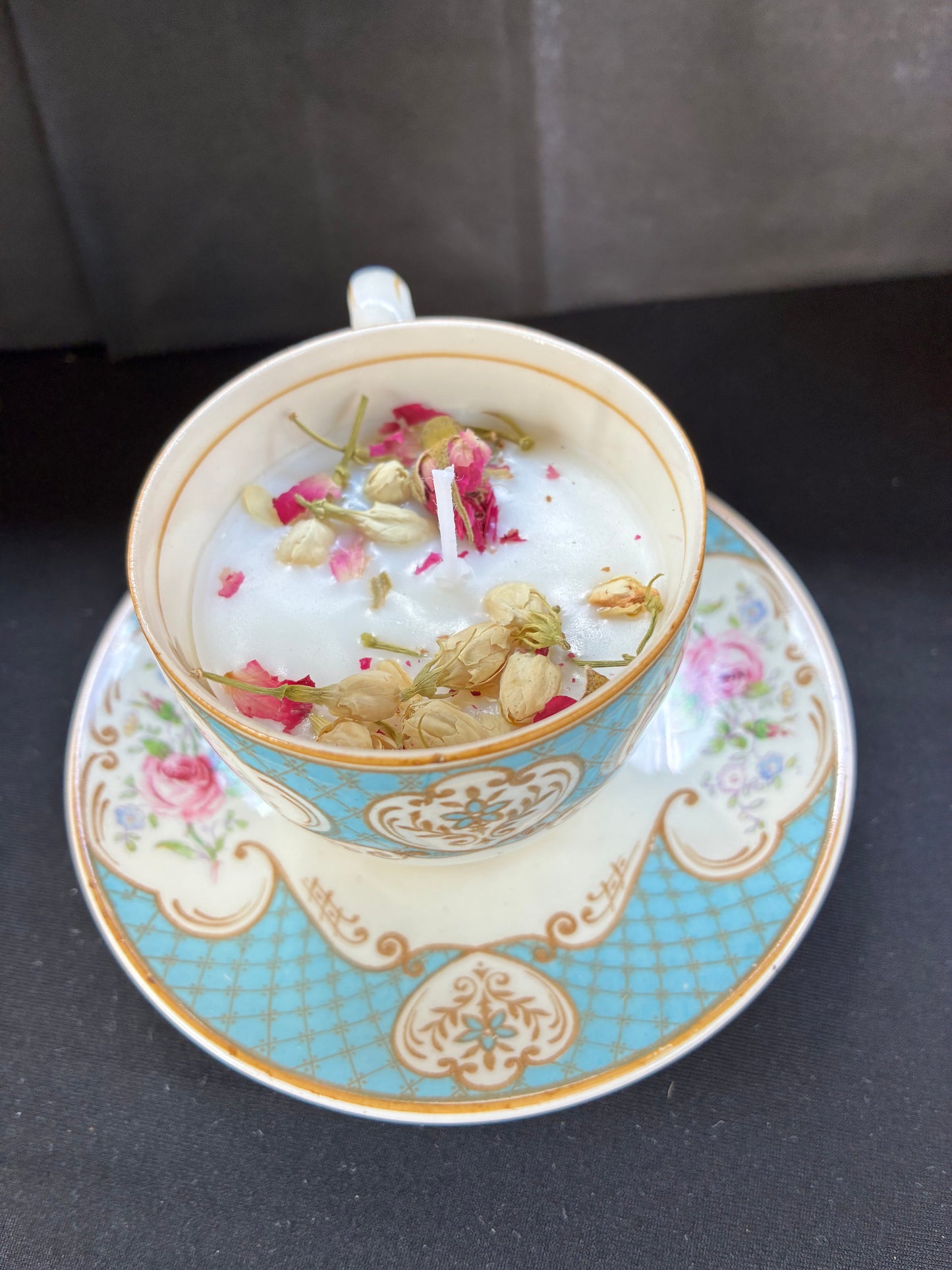 Handmade Vintage Teacup Candle infused with blue rose essential oils, tailored to The Timeless Glow tone.
