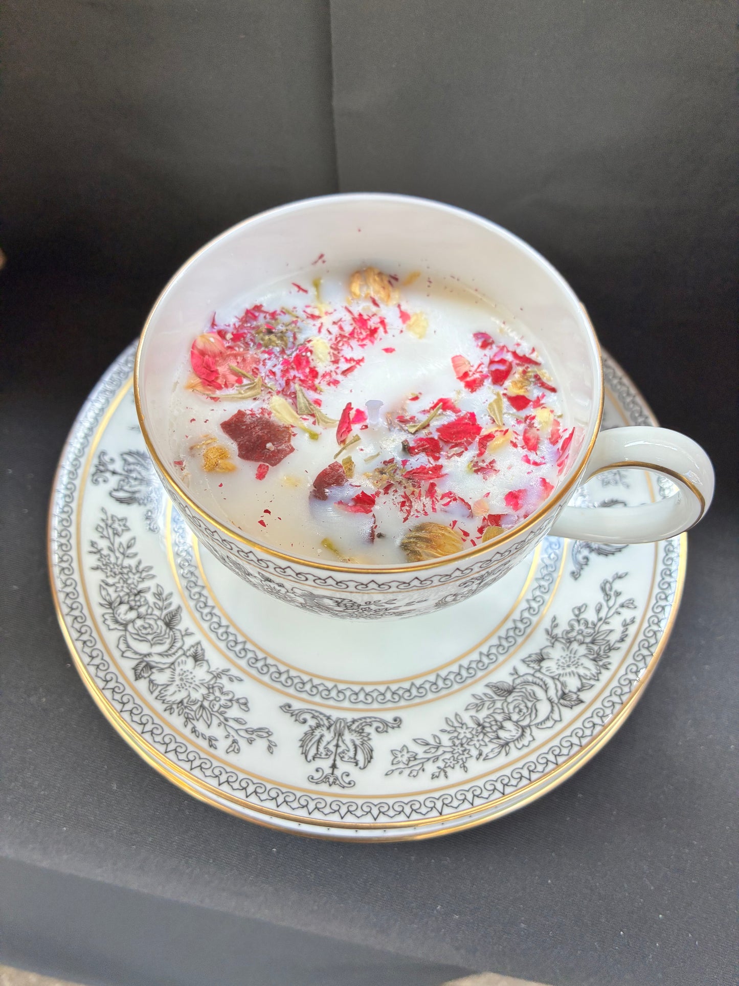 Handmade Vintage Teacup Set Candle scented with jasmine essential oils topped with dried botanicals, tailored to The Timeless Glow tone.