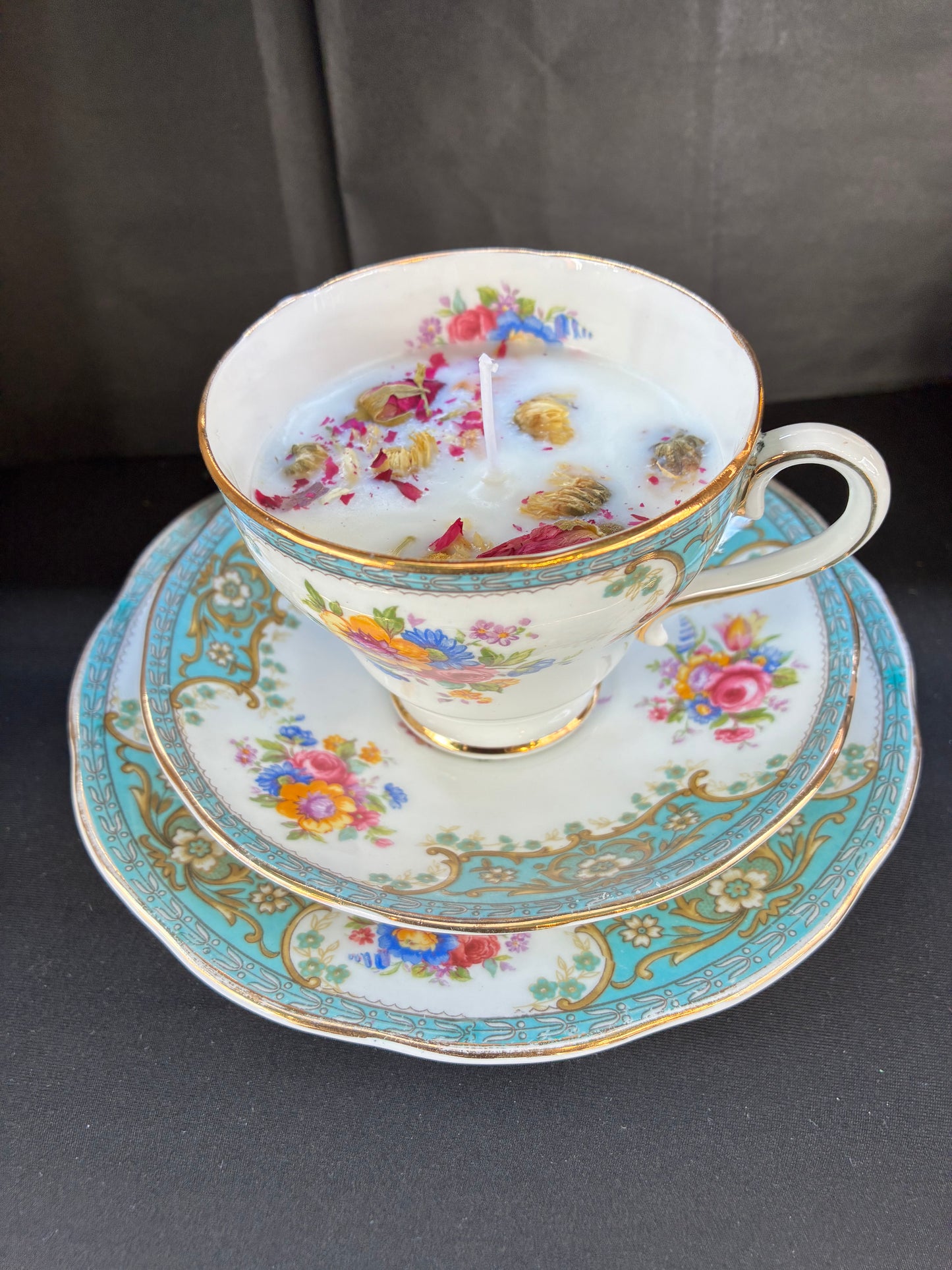 Handmade Vintage Teacup Set Candle scented with velvet rose essential oils topped with dried botanicals, tailored to The Timeless Glow tone.