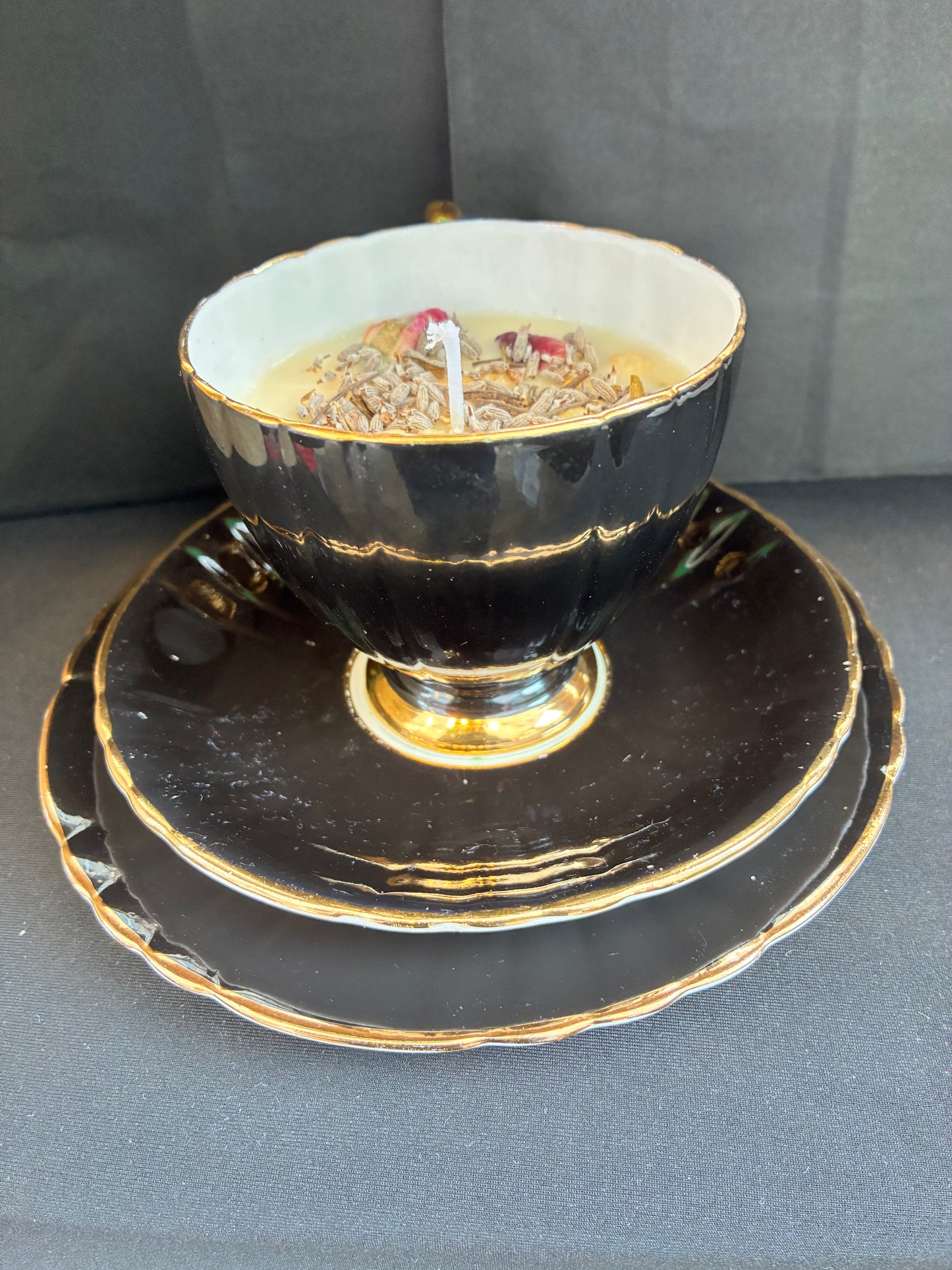 Handmade Vintage Teacup Candle infused with Jasmine scented oils topped with dried botanicals, tailored to The Timeless Glow tone