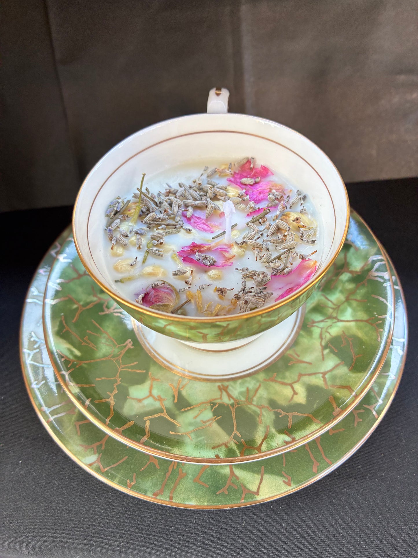 Handmade Vintage Teacup Set Candle scented with jasmine essential oils topped with dried botanicals, tailored to The Timeless Glow tone.