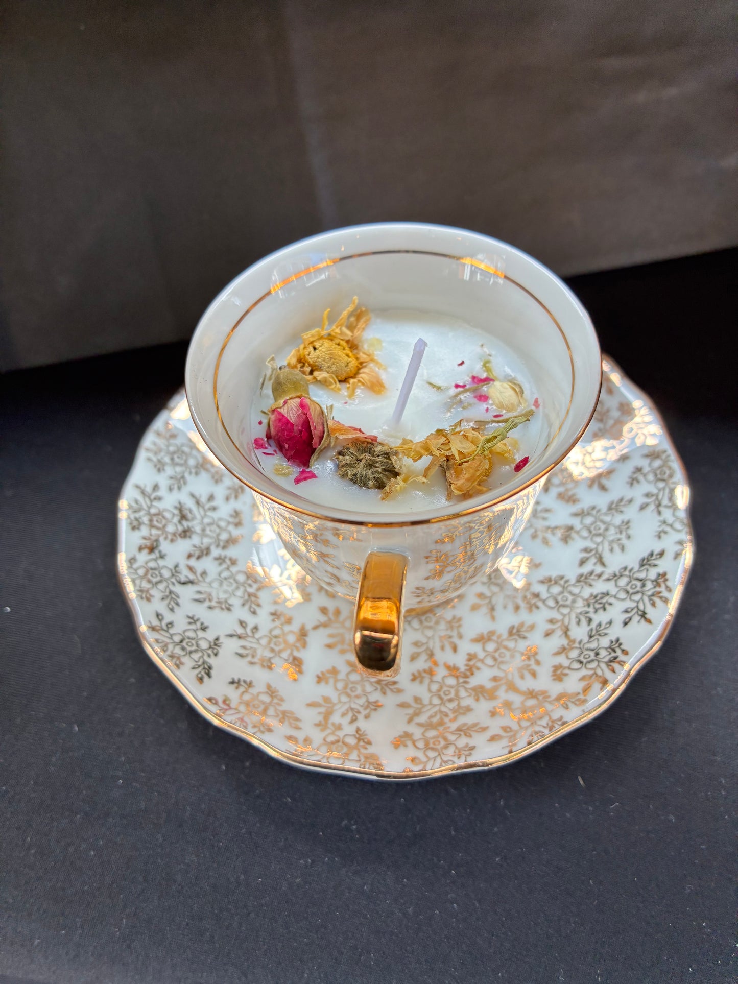 Handmade Vintage Teacup Candle infused with velvet rose essential oils, tailored to The Timeless Glow tone.