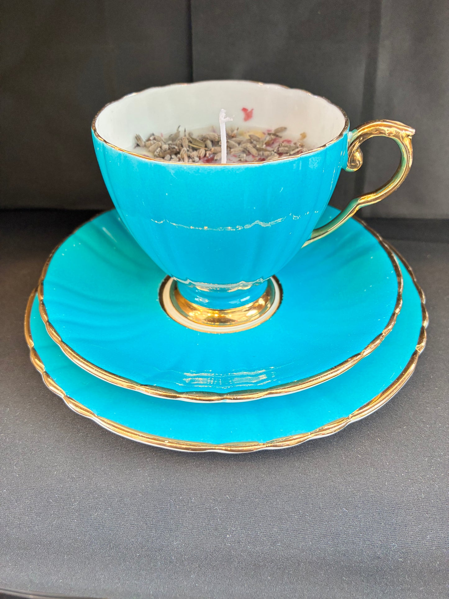 Hand poured Vintage Teacup Set Candle scented with blue rose essential oils, tailored to The Timeless Glow tone.