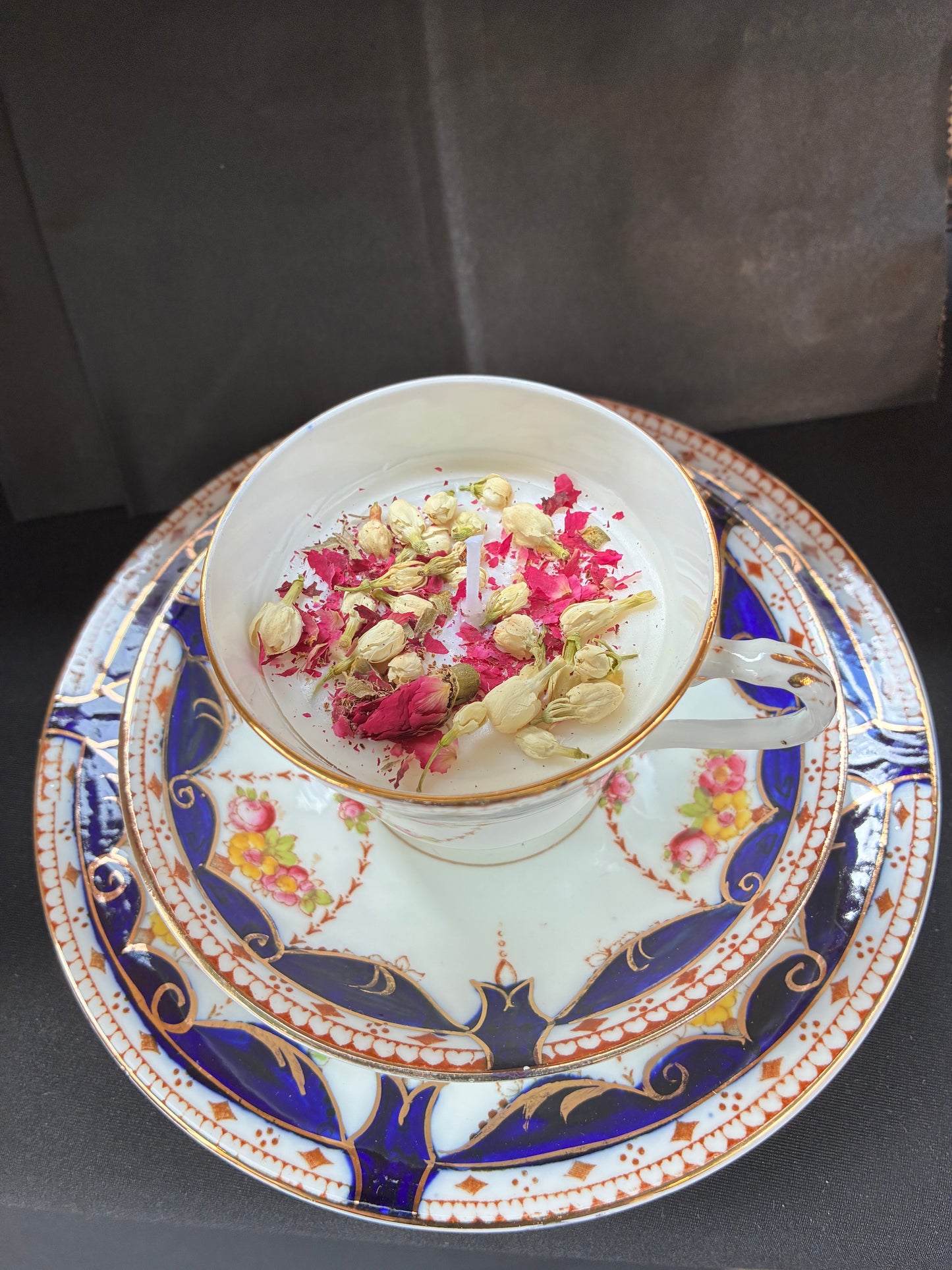 Handmade Vintage Teacup Set Candle scented with jasmine essential oils and topped with dried botanicals, tailored to The Timeless Glow tone.