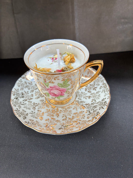 Handmade Vintage Teacup Candle infused with velvet rose essential oils, tailored to The Timeless Glow tone.