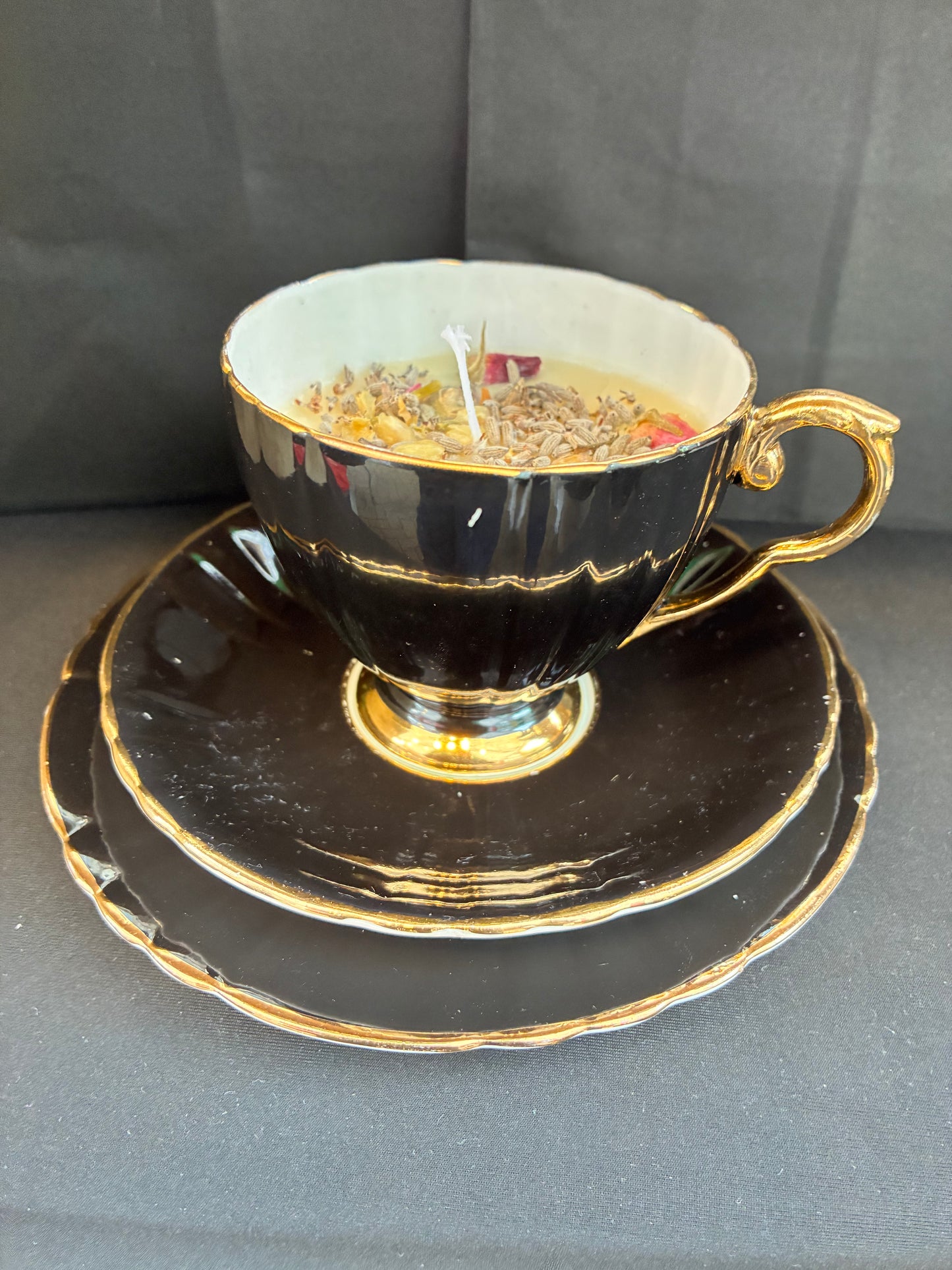 Handmade Vintage Teacup Candle infused with Jasmine scented oils topped with dried botanicals, tailored to The Timeless Glow tone