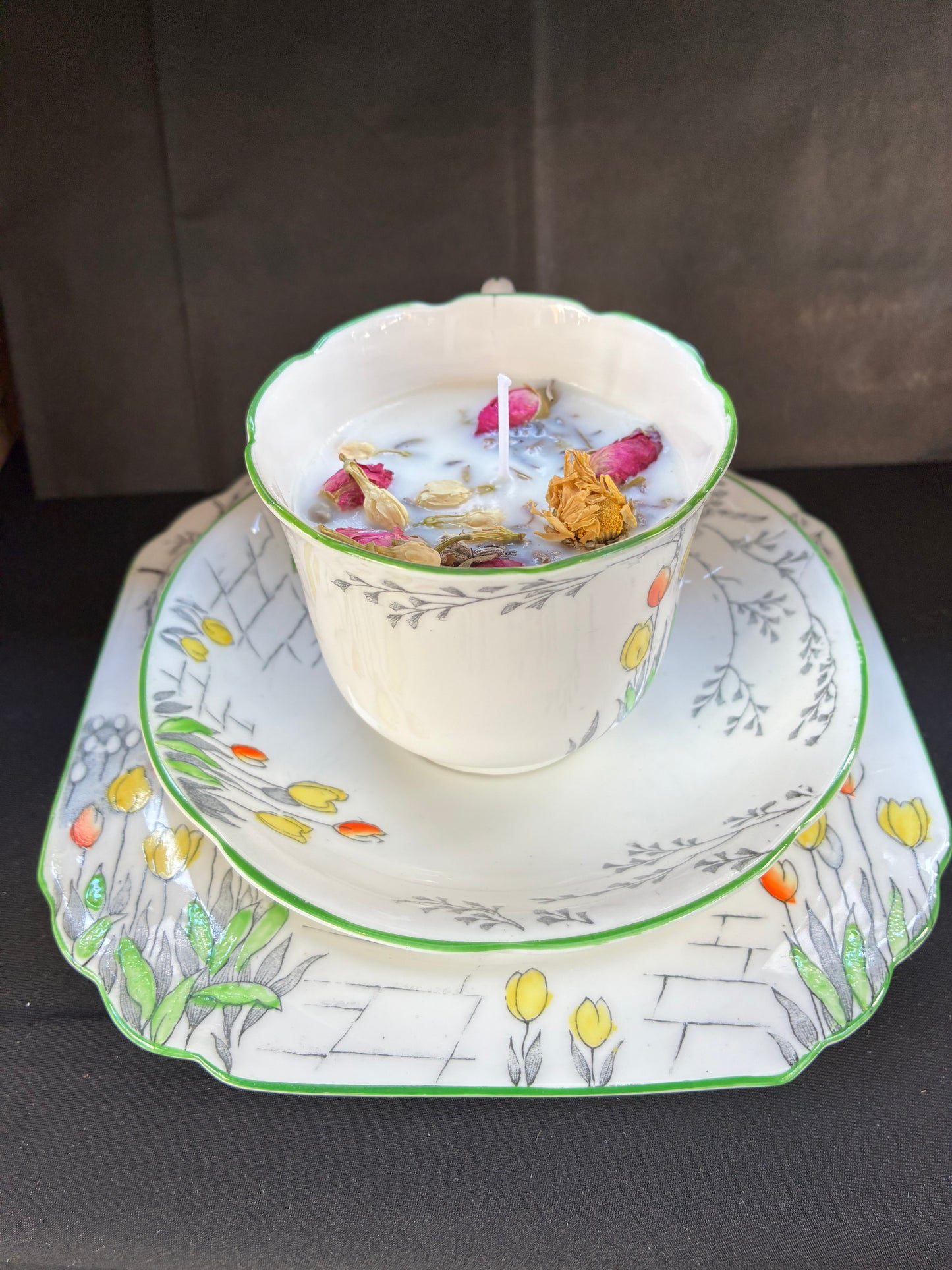 Hand poured Vintage Teacup Set Candle scented with jasmine essential oils and botanicals, tailored to The Timeless Glow tone.
