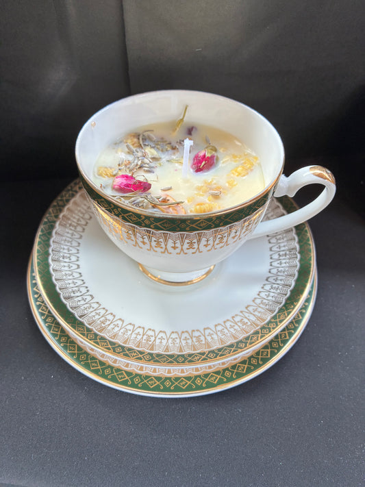 Handmade Vintage Teacup Candle infused with Jasmine oils and with dried botanicals.