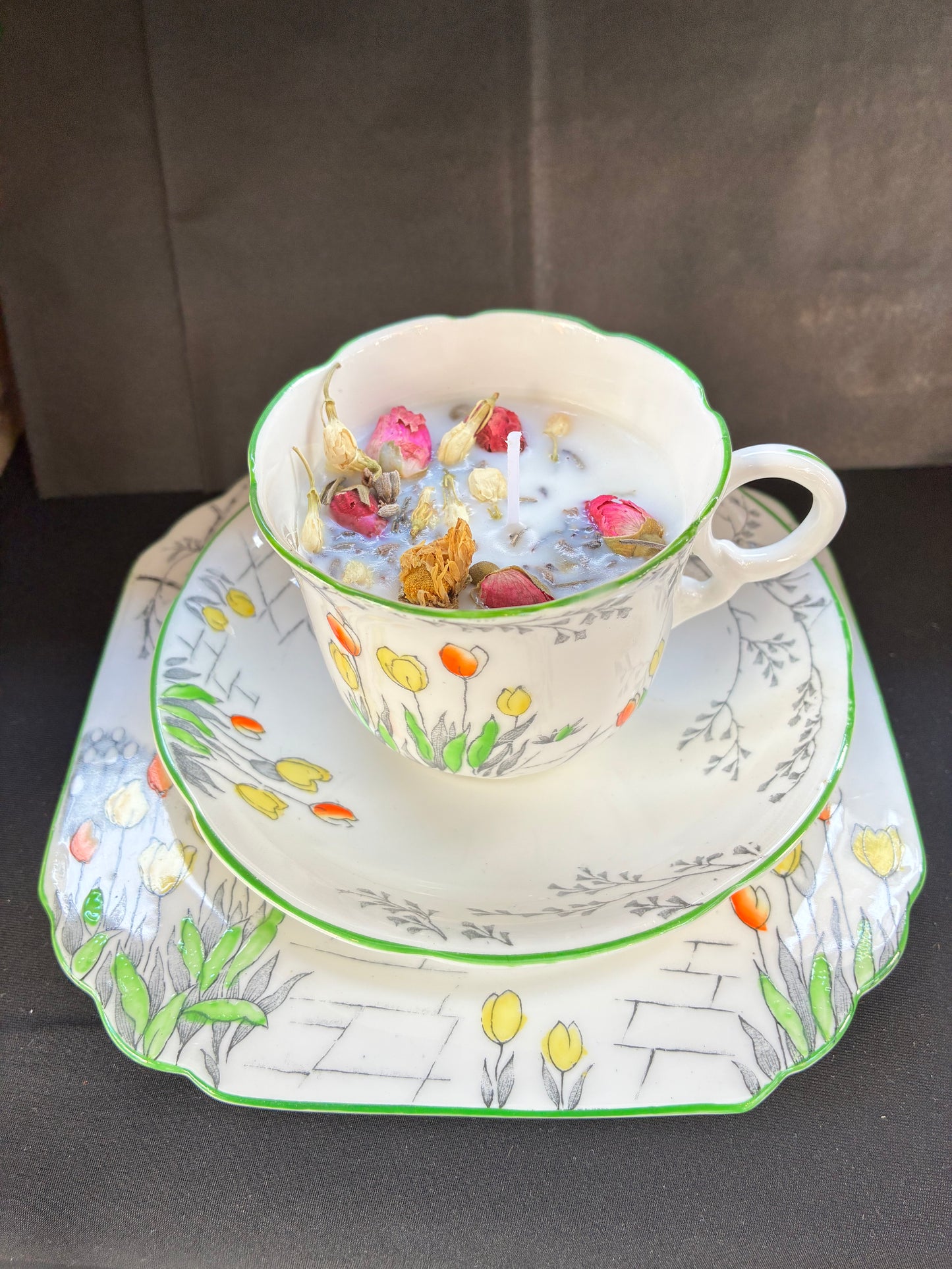 Hand poured Vintage Teacup Set Candle scented with jasmine essential oils and botanicals, tailored to The Timeless Glow tone.