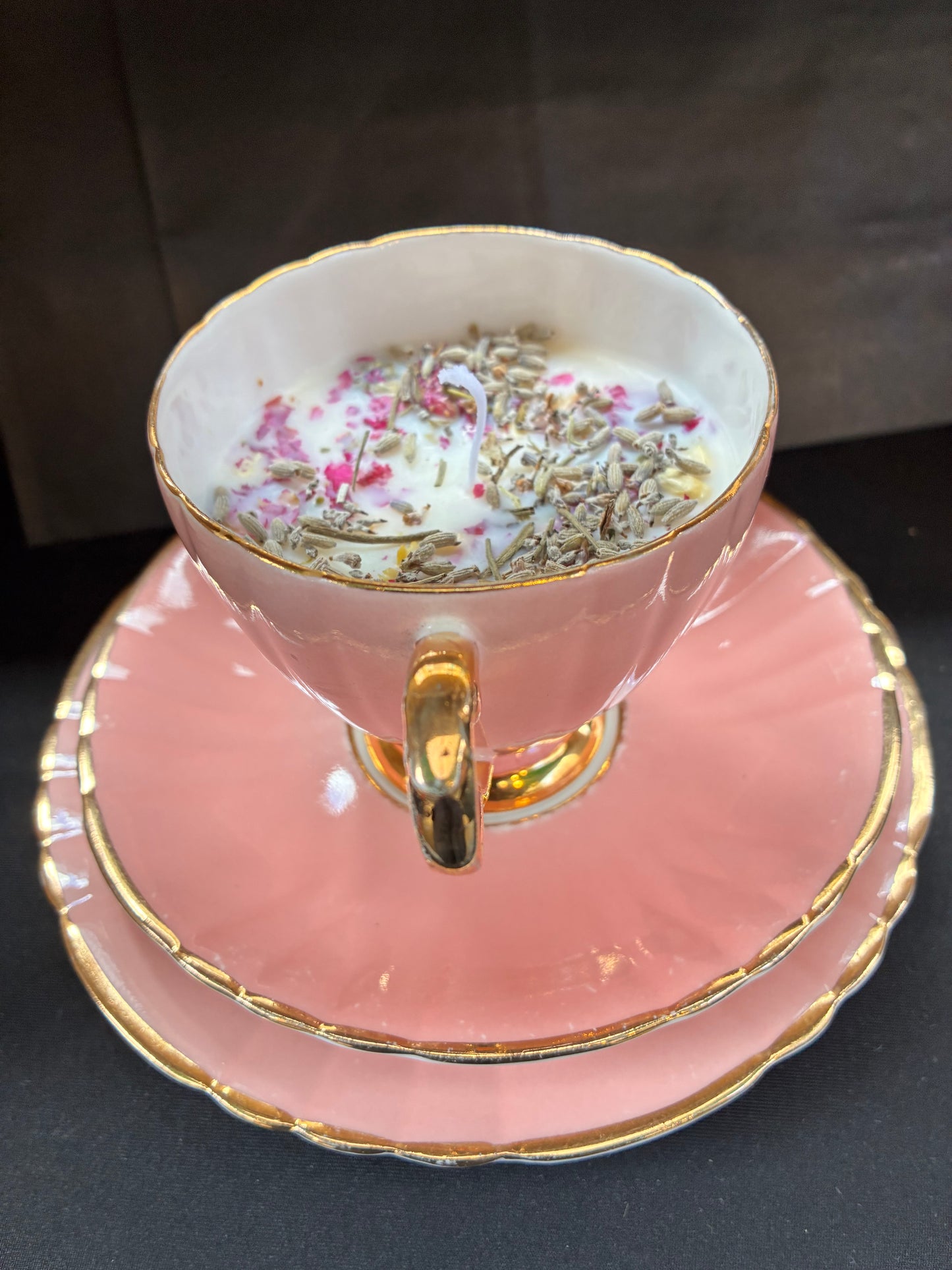 Handmade Vintage Teacup Set Candle scented with pink rose essential oils topped with botanicals tailored to The Timeless Glow tone.