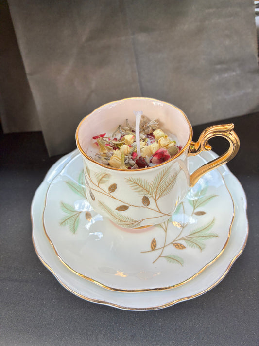 Hand poured Vintage Teacup Set Candle scented with Jasmine essential oils and botanicals, tailored to The Timeless Glow tone.