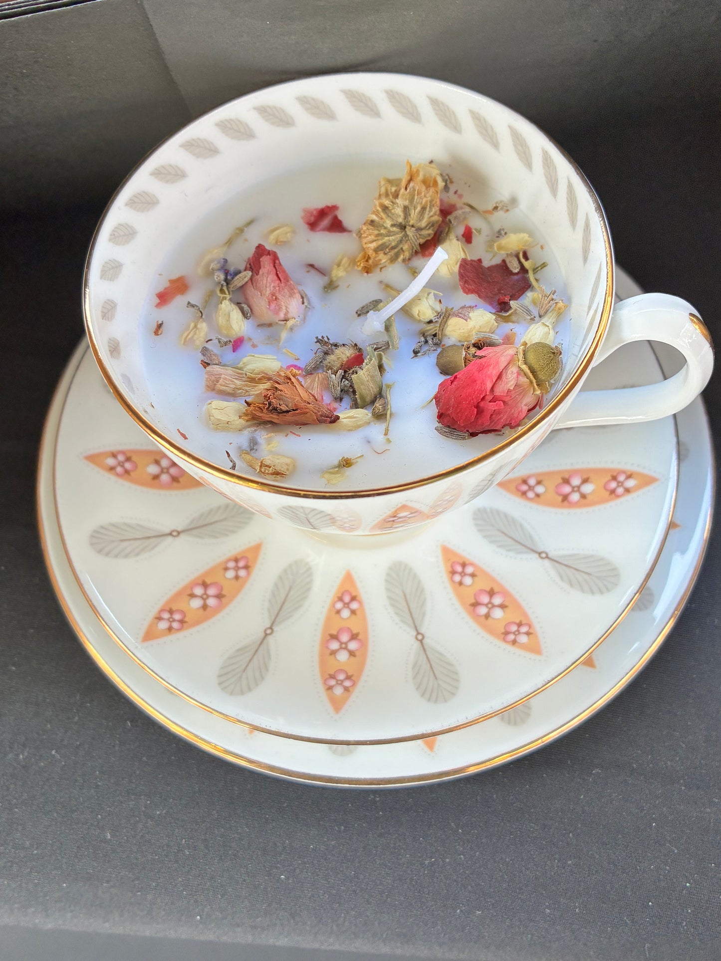 Handmade Vintage Teacup Set Candle scented with jasmine essential oils topped with dried botanicals, tailored to The Timeless Glow tone.