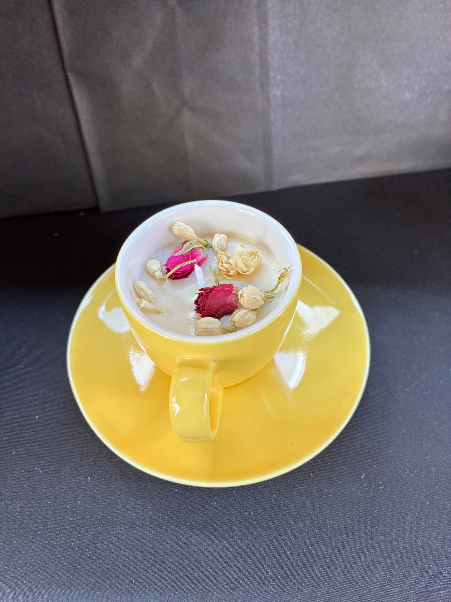 Handmade Vintage Teacup Candle infused with Satsuma essential oils, tailored to The Timeless Glow tone.
