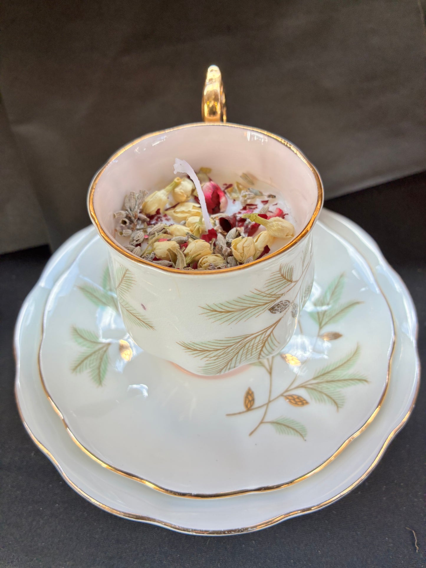 Hand poured Vintage Teacup Set Candle scented with Jasmine essential oils and botanicals, tailored to The Timeless Glow tone.