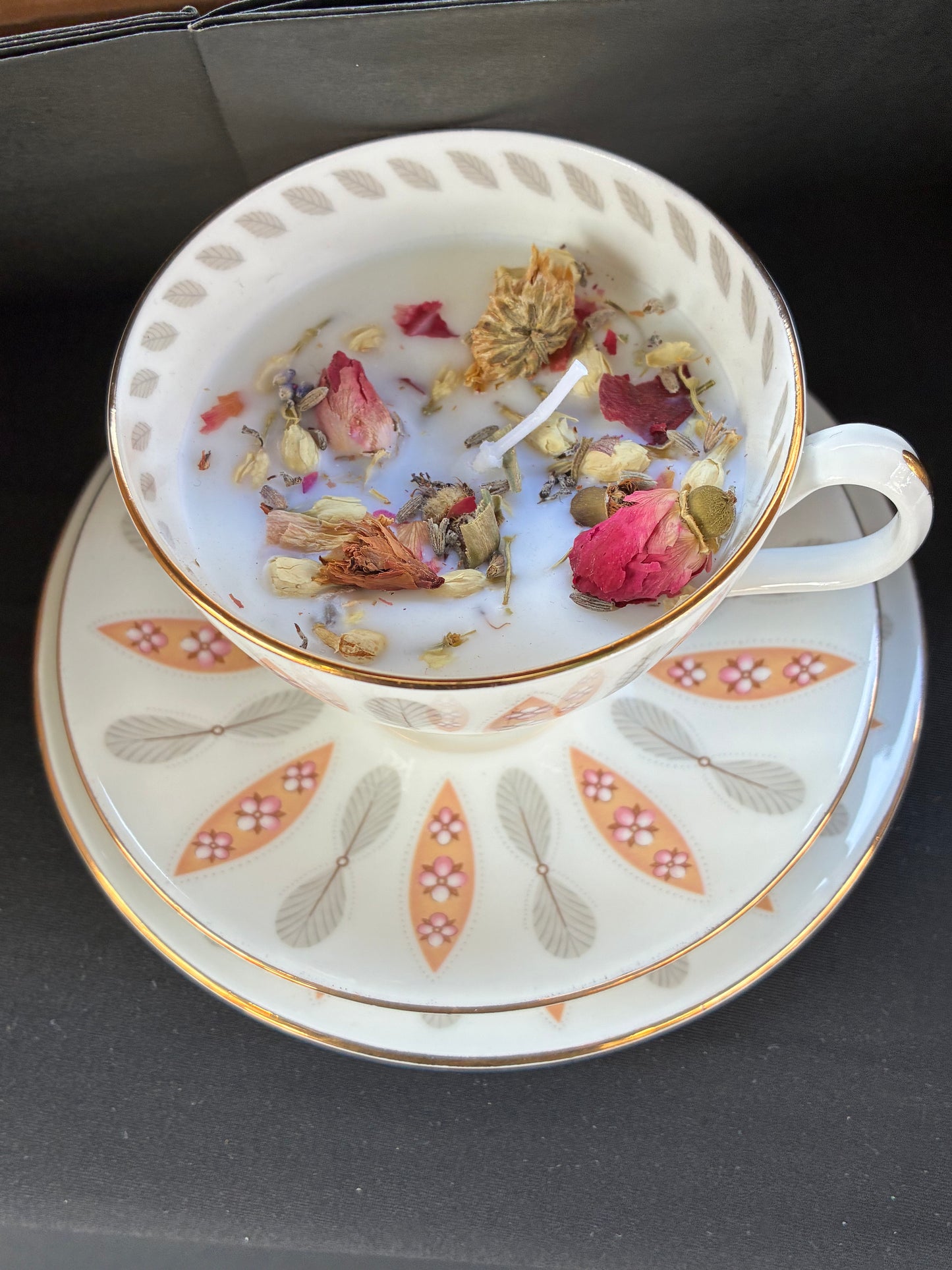 Handmade Vintage Teacup Set Candle scented with jasmine essential oils topped with dried botanicals, tailored to The Timeless Glow tone.