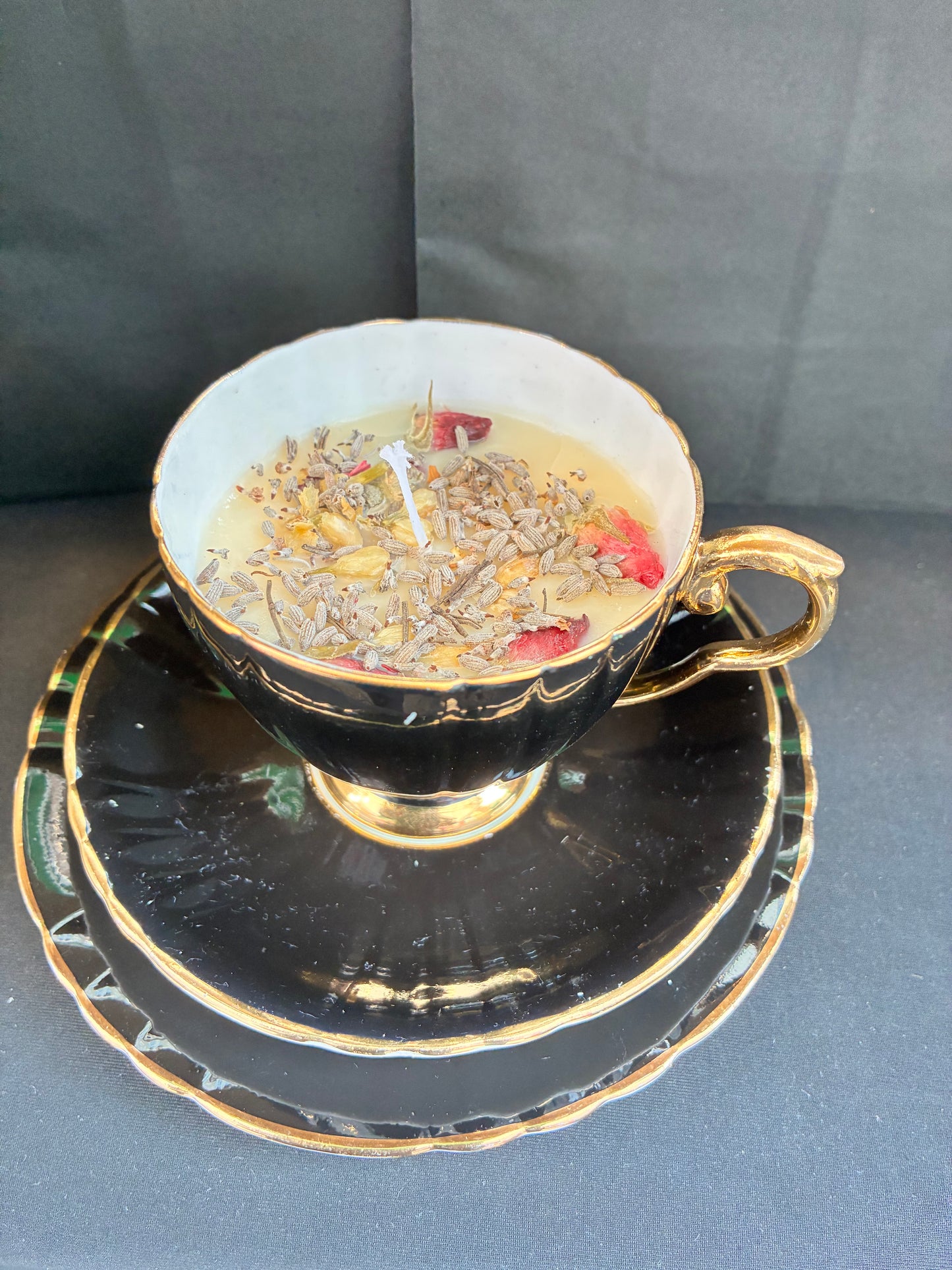 Handmade Vintage Teacup Candle infused with Jasmine scented oils topped with dried botanicals, tailored to The Timeless Glow tone