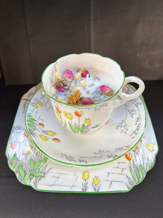 Hand poured Vintage Teacup Set Candle scented with jasmine essential oils and botanicals, tailored to The Timeless Glow tone.