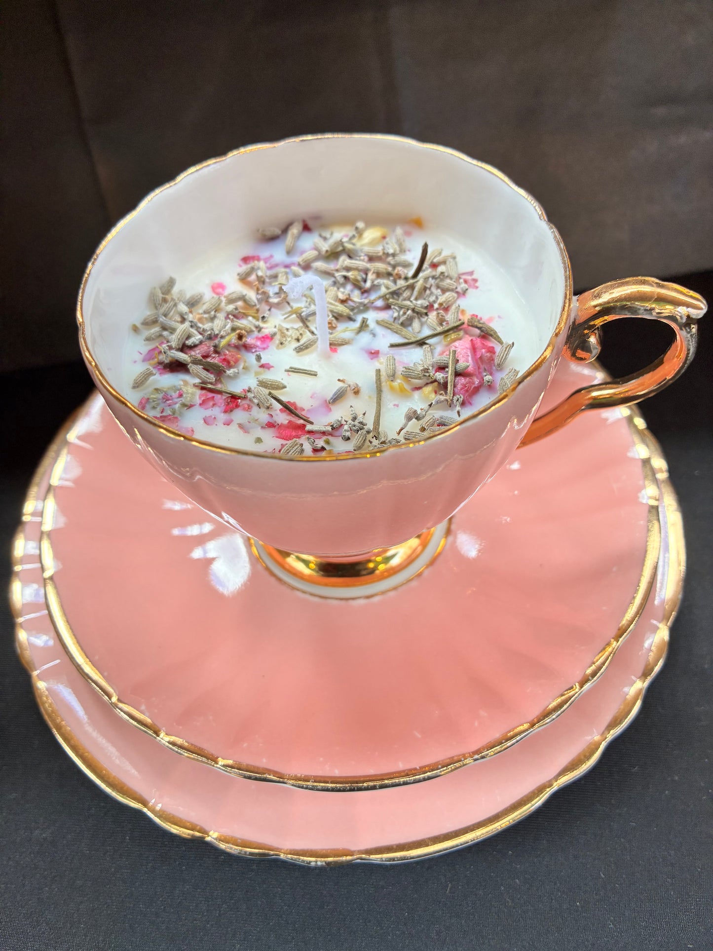 Handmade Vintage Teacup Set Candle scented with pink rose essential oils topped with botanicals tailored to The Timeless Glow tone.