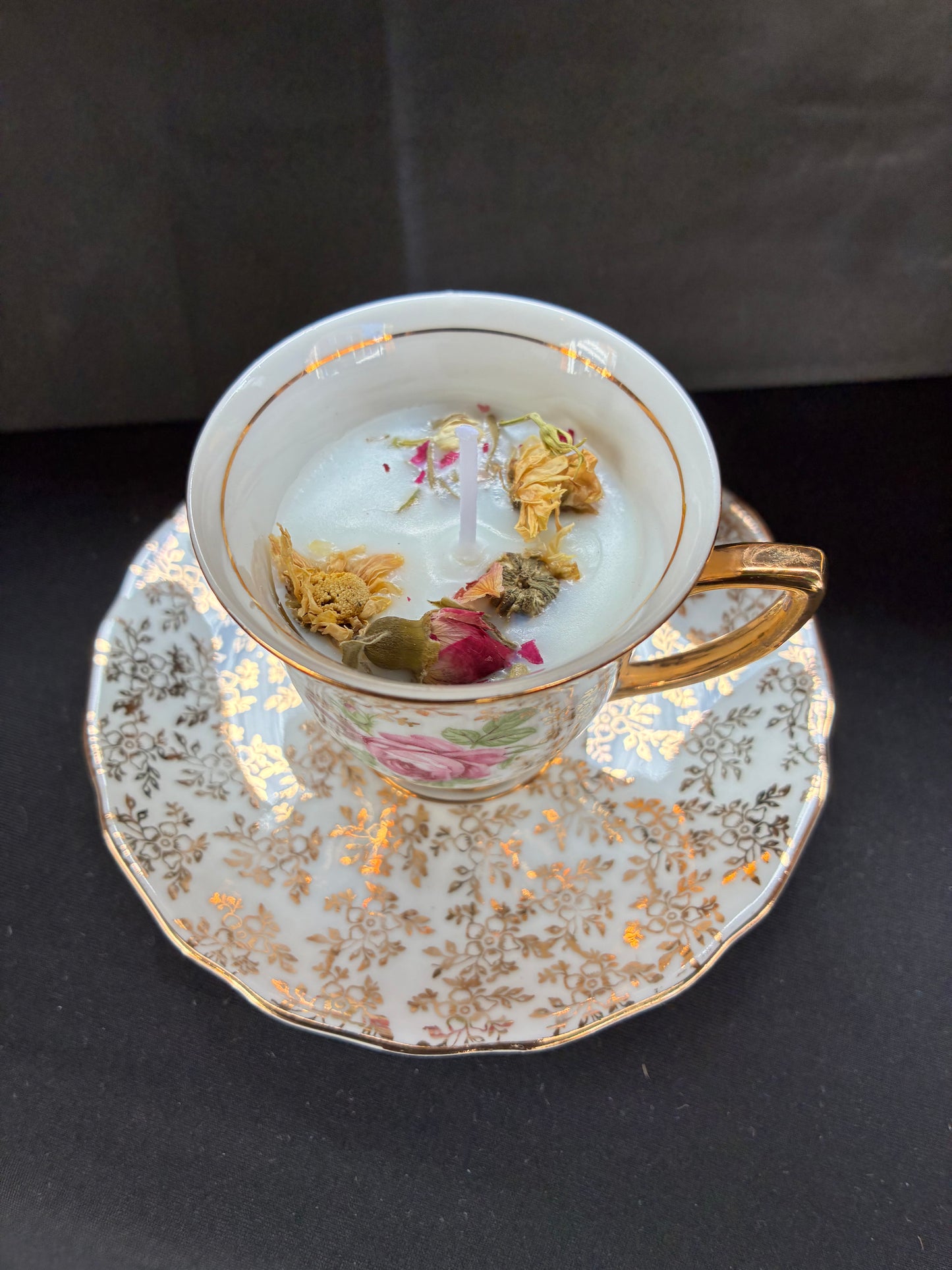 Handmade Vintage Teacup Candle infused with velvet rose essential oils, tailored to The Timeless Glow tone.