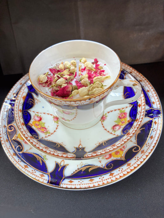 Handmade Vintage Teacup Set Candle scented with jasmine essential oils and topped with dried botanicals, tailored to The Timeless Glow tone.
