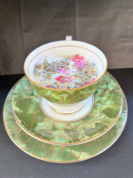 Handmade Vintage Teacup Set Candle scented with jasmine essential oils topped with dried botanicals, tailored to The Timeless Glow tone.