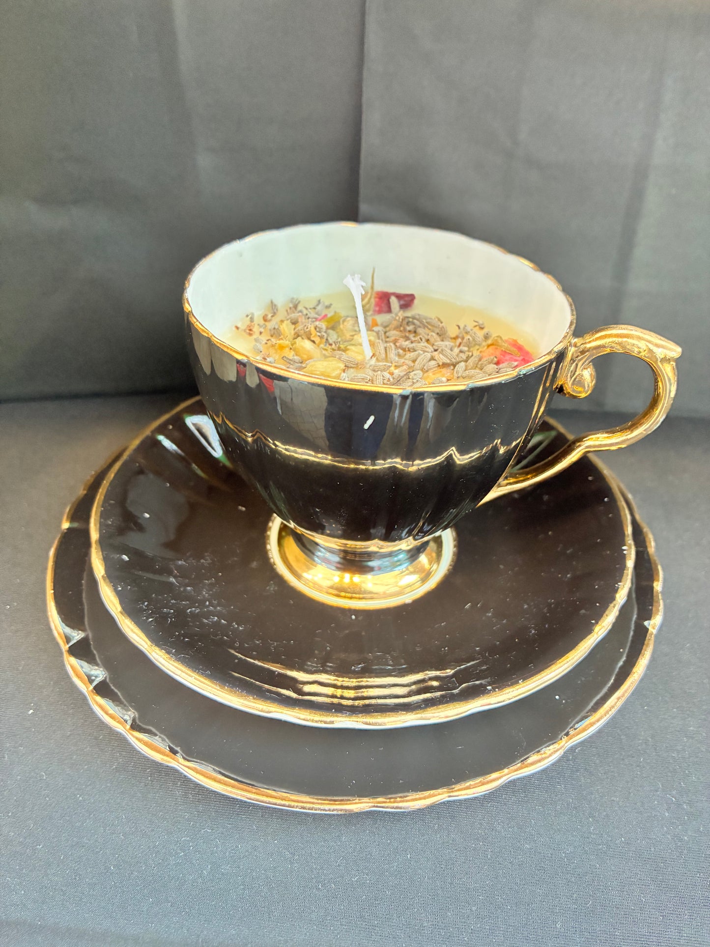 Handmade Vintage Teacup Candle infused with Jasmine scented oils topped with dried botanicals, tailored to The Timeless Glow tone