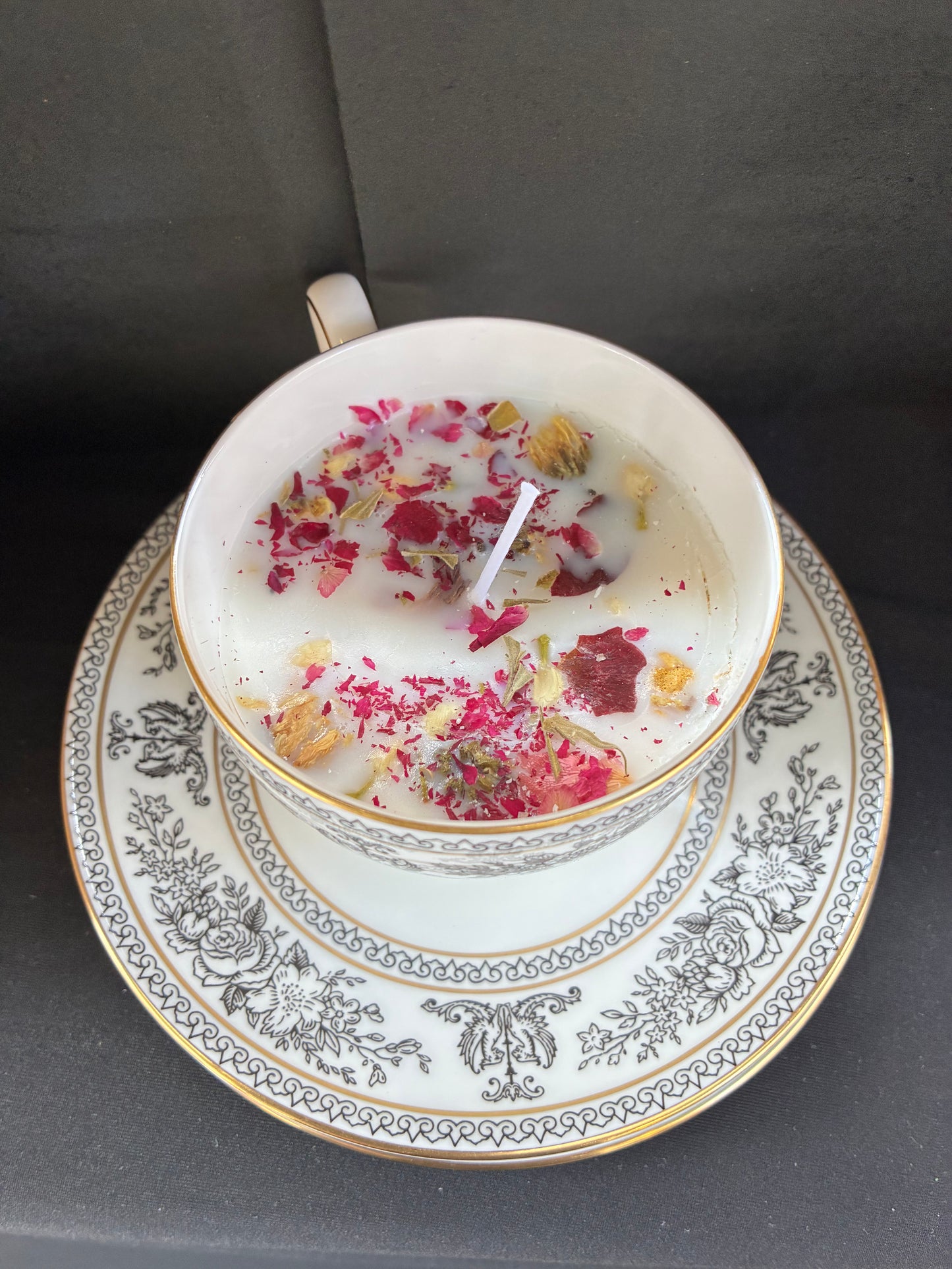 Handmade Vintage Teacup Set Candle scented with jasmine essential oils topped with dried botanicals, tailored to The Timeless Glow tone.