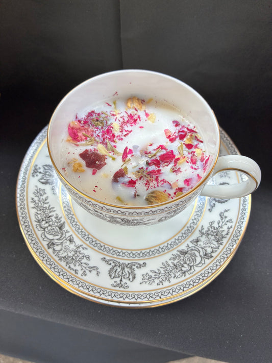 Handmade Vintage Teacup Set Candle scented with jasmine essential oils topped with dried botanicals, tailored to The Timeless Glow tone.