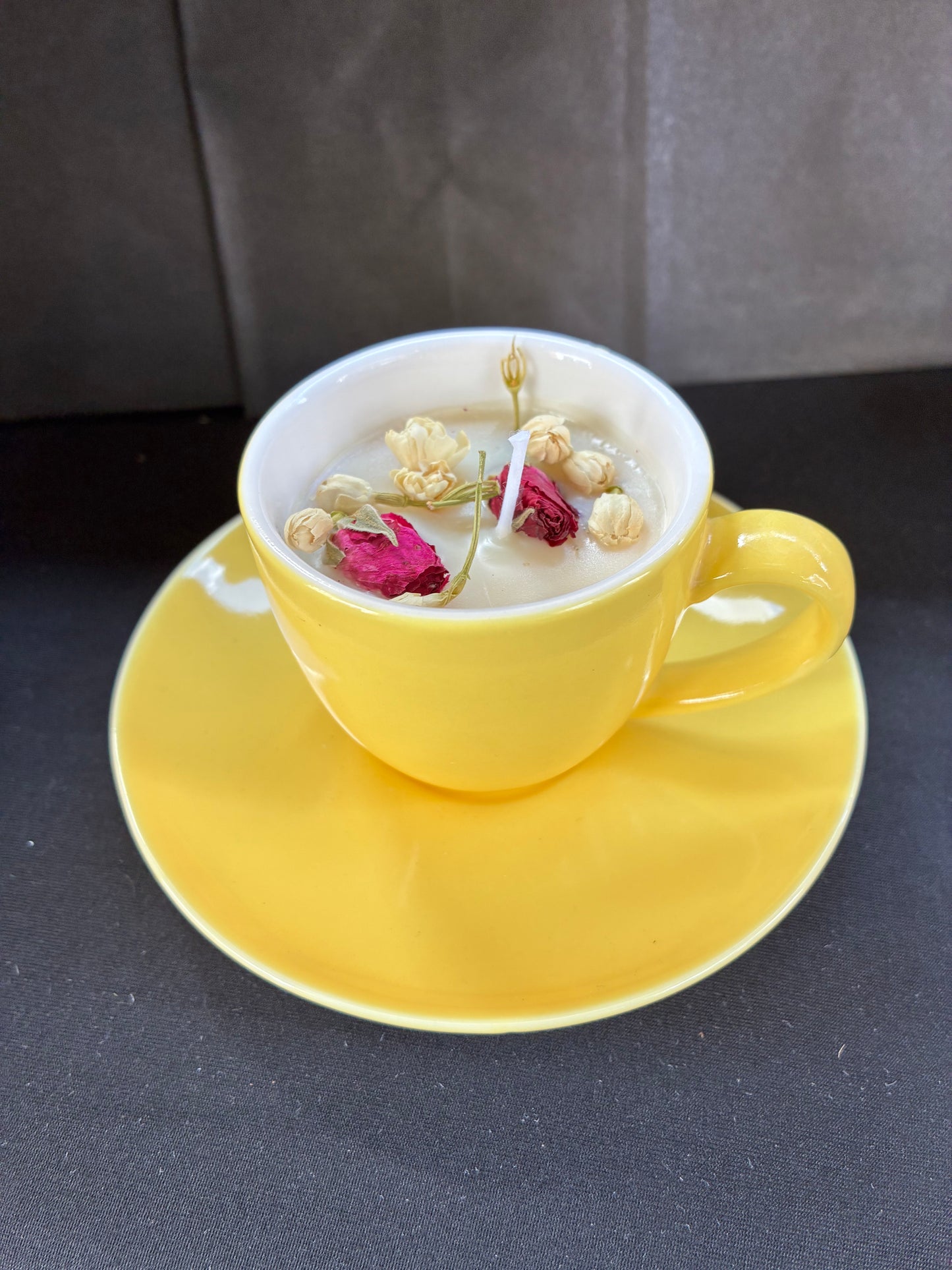 Handmade Vintage Teacup Candle infused with Satsuma essential oils, tailored to The Timeless Glow tone.