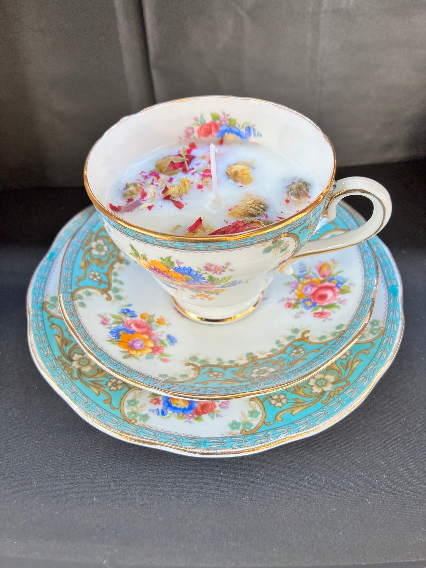 Handmade Vintage Teacup Set Candle scented with velvet rose essential oils topped with dried botanicals, tailored to The Timeless Glow tone.
