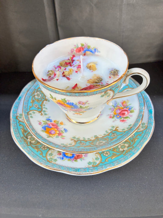 Handmade Vintage Teacup Set Candle scented with velvet rose essential oils topped with dried botanicals, tailored to The Timeless Glow tone.