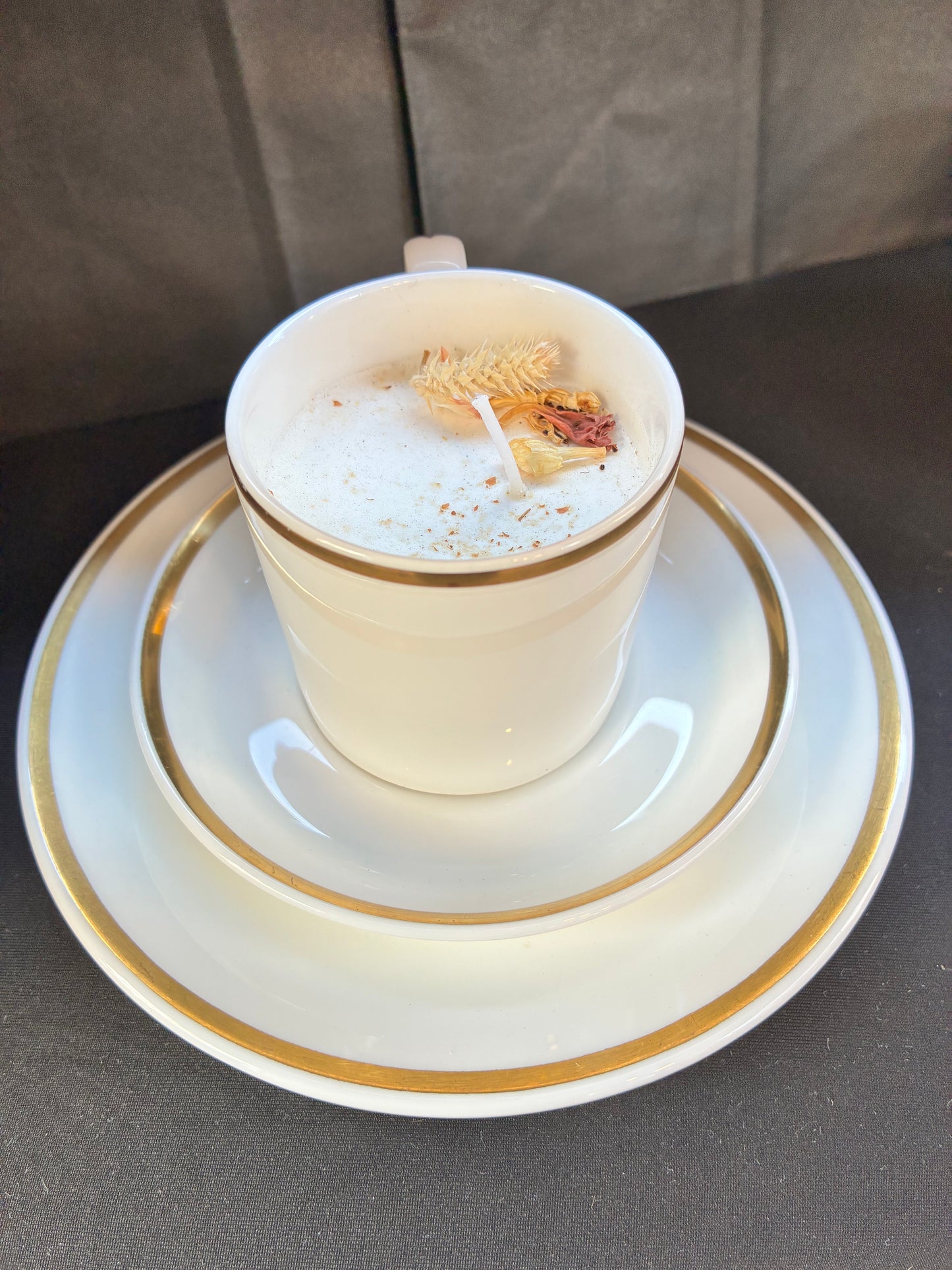 Vintage Teacup Set Candle scented with White Lily essential oils, tailored to The Timeless Glow tone.